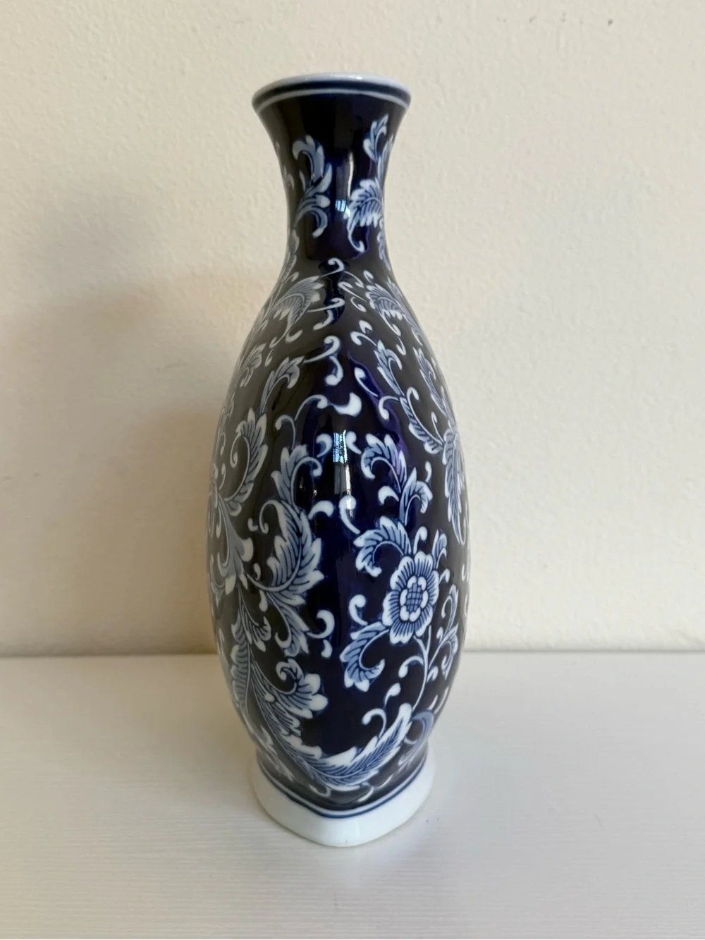 Blue Chinoiserie Flower Flat Ceramic Vase 12”